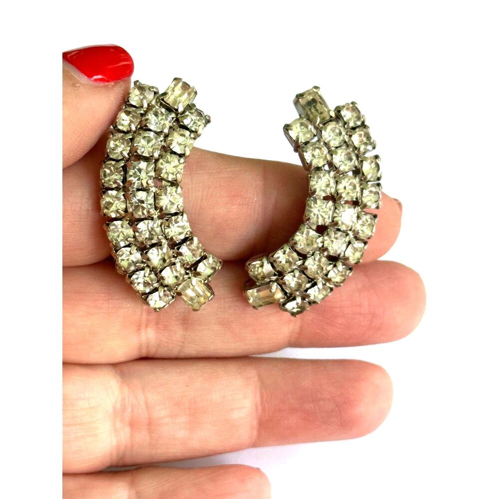 Arched Rhinestone Art Deco Style Clip on Earrings